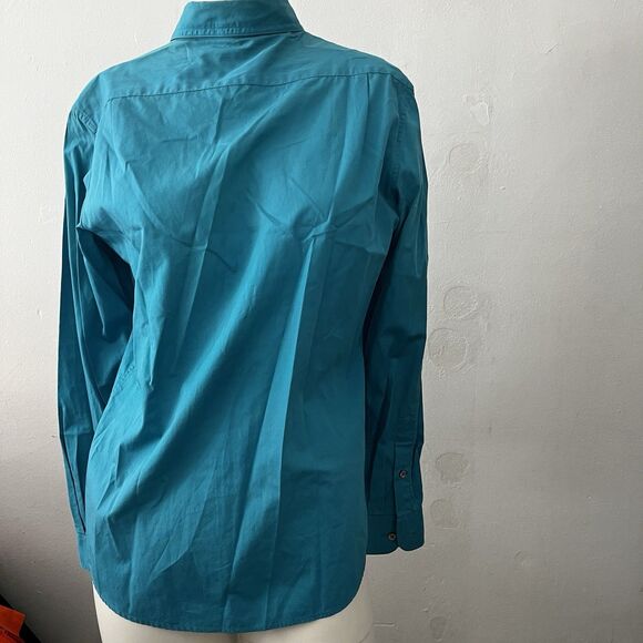 Vtg 80s Ellen Tracy Shirt 10 Cotton Baby Blue Western Cowgirl Ranch Barn w/stain - Picture 2 of 10